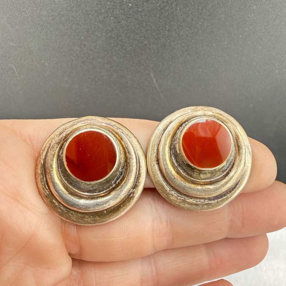 Vintage ND Clip On Earrings Sterling Silver Red  Circle 925